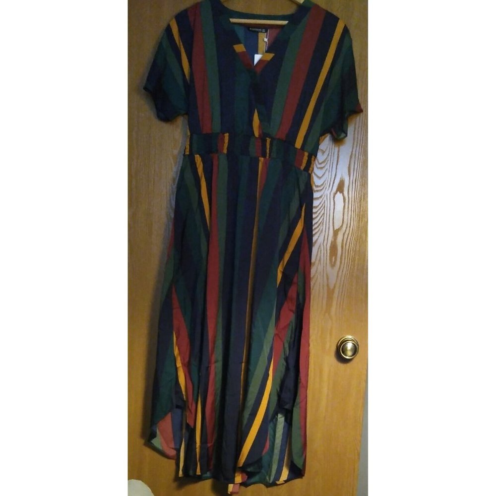 Bloomchic Size 10 Long Striped Dress Short Sleeve Elastic Waist Side Pockets New